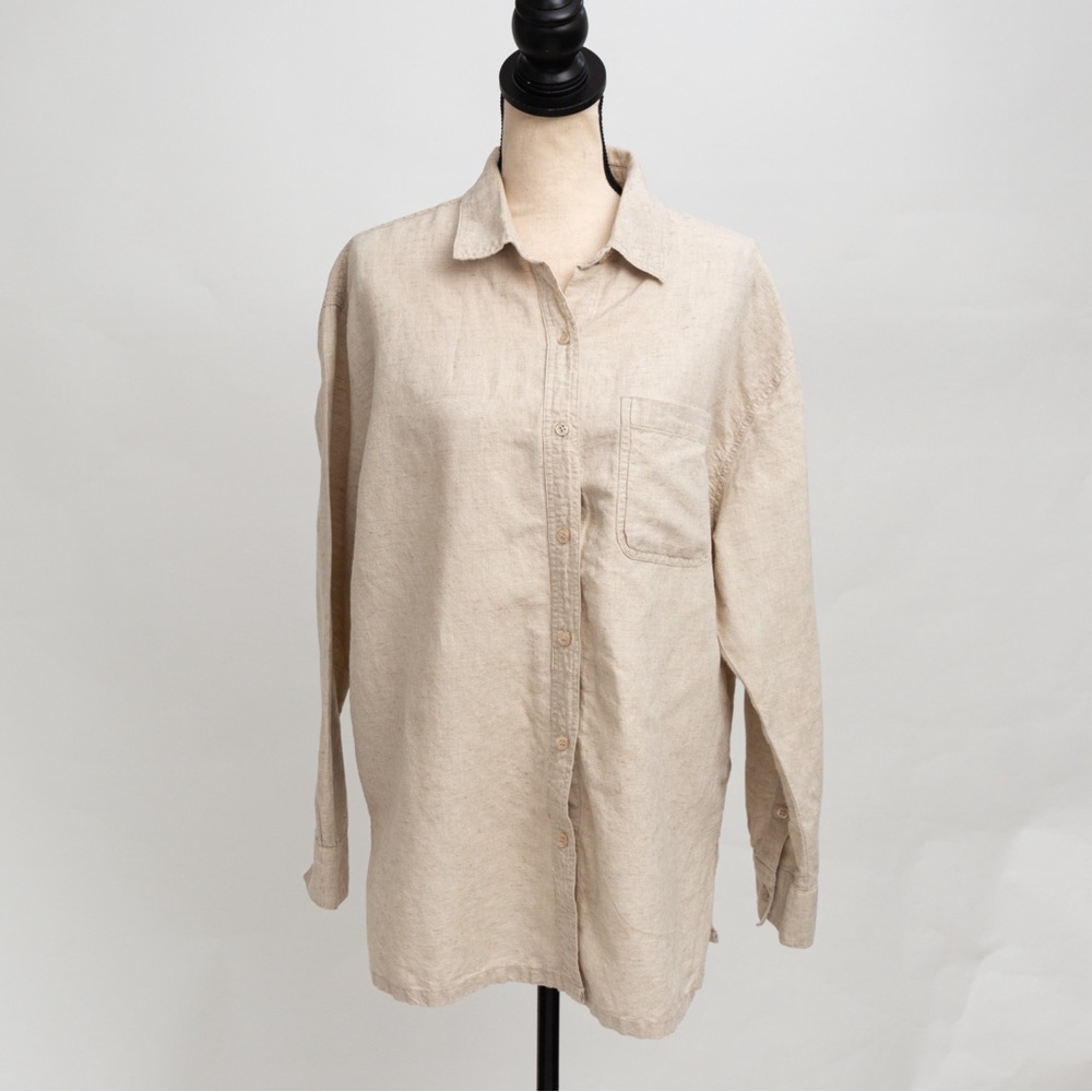 Linen blend button down minimalist neutral tan White Stag L